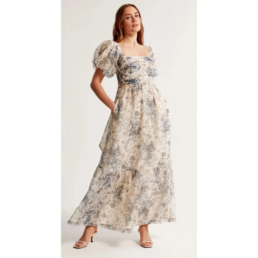 Abercrombie & Fitch Emerson Drama Bow-Back Maxi Dress in Cream Floral Size SP